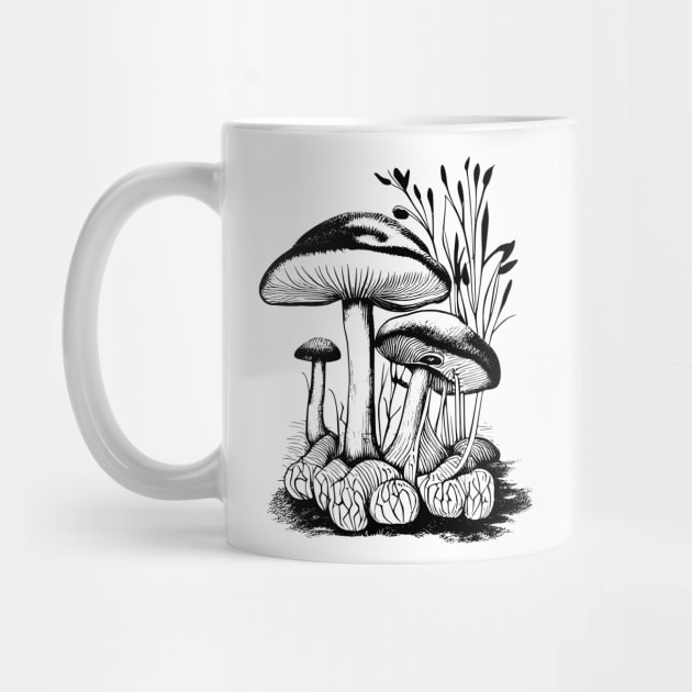 Mushroom line art wild garden collection tattoo style drawing by jen28